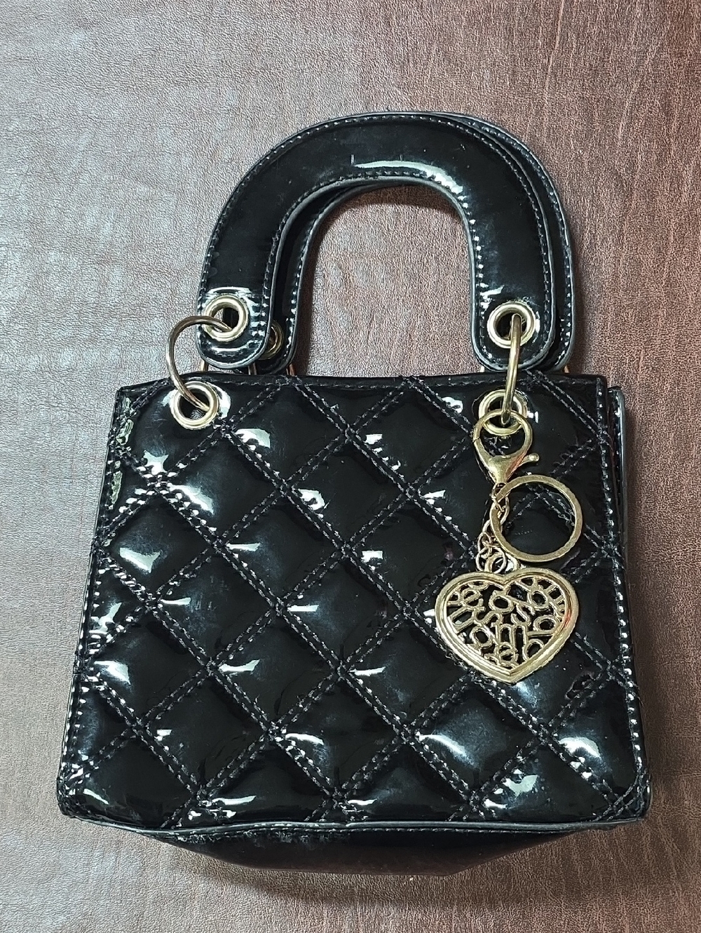 Black Quilted Patent Leather Tote Glam Bag Gold Heart Charm Keychain 7x6x3